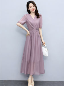 Elegant High Waist A-Line Silk Dress Womens Summer New Style Slimming Mommy Waist Cinched Thin Material Korean Style Long Sleeve V-Neck