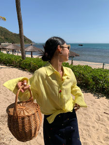 Loose Cotton Linen Long Sleeve Yellow Shirt Womens Spring New Style Comfortable Breathable Straight Cut Embroidered Top