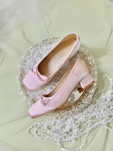 French Style Genuine Leather Mary Jane Shoes for Women with Bow Knot Ballet Fashion Thick Heel Semi-Up Open Mouth Slip-On