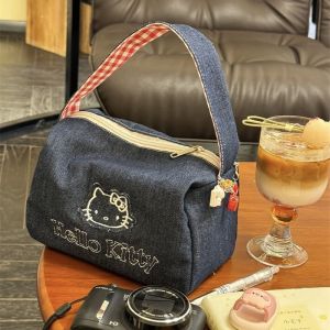 Sanrio | aSanrio Hello Kitty Retro Denim Handbag KT Cat High Aesthetic Large Capaci Portable Eup Bag Embroidered Travel Storage Bag Gifts