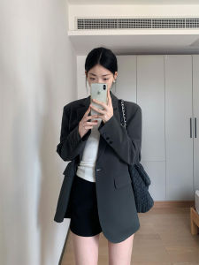 YUFUQING | Gray Suit Jacket Womens Casual Loose Style Spring New Design Sensation Polyester Fiber Commute Style Long Sleeve Henry Collar