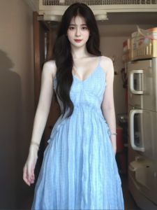 CHANGTONG | Beach Vacation Blue Strapless Korean Style Long Dress Gentle French Atmosphere Sensation Summer Outfit Casual Chic V-neck Dress