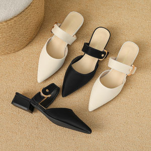 Trendy All-Match Buckle Head Cover Half Slippers Womens Outdoor Wear 2025 New Thick Heel Mules Sharp Pointed Toe Shoes