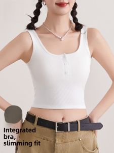 Miiow | Womens Short Tank Top Strap Vest Integrated Design Cotton Blend Fabric U-Neckline Anti-Light Protection Bra Not Required