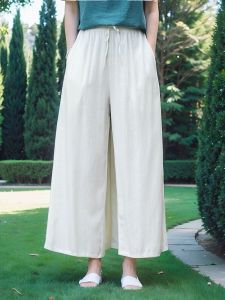 กางเกงขายาวทรงหลวมลำลองผ้าลินินบาง ทรงตรง กางเกงขายาวทรงหลวม กางเกงขายาวทรงหลวมสำหรับโยคะและเดินทาง กางเกงขายาวทรงหลวมผ้าลินินผสมคอตตอน