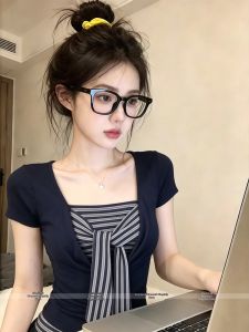 Faux Two-Piece Striped Patchwork T-Shirt