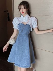 ผู้หญิง ฤดูร้อน เสื้อเชิ้ตสั้นแขนฟองใหม่ เอว Cinched เดนิม เชือกแขวนคอ เดรส ชุดสองชิ้นสไตล์ Ins ทรงเอ ยาว กระโปรง เดรส