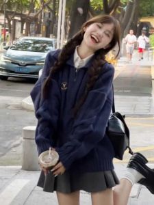 Japanese College Style Loose Blue Cable-Knit Sweater Womens Spring and Autumn 2024 New Arrival Korean Style Idle Style Knitting Tops