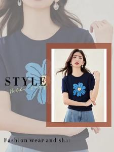 7.Modifier | Áo Thun Hàn Quốc Đa Năng Cổ Tròn Thêu Tay Ngắn Ôm Sợi Knit