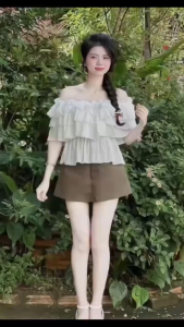 DX_ Set tiểu thư xinh đồ nữ mặc hè set đồ đi biển áo trễ vai viền bèo Xốp mix chân váy ngắn Kaki có lót