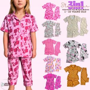 Jolly Dolly - Athena Set 3in1 Button-down Polo with Pocket Pajama and Shorts Girls Sleepwear Loungewear Premium Cotton Cute Prints Soft Comfy Terno Everyday Pantulog Pambahay Panglabas Shortsleeve Korean Style Toddler Kids 1-9Years Old Cartoons Aesthetic