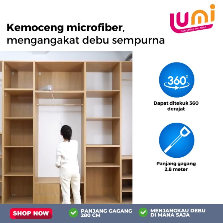 Kemoceng Teleskopik Pembersih Debu Gagang Panjang 2.8 Meter Sapu Microfiber Teleskopik Flexible Bisa Ditarik Ditekuk Alat Kebersihan Adjustable Membersihkan Langit Langit Atap Rumah Plafond Adjustable Deep Cleaning