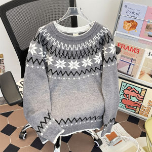 เสื้อสเวตเตอร์คอตั้งถักแบบหลวมๆ สำหรับผู้ชาย ฤดูใบไม้ร่วง/ฤดูหนาว ทรงหลวมๆ อบอุ่น ลาย Fair Isle สำหรับคู่รัก