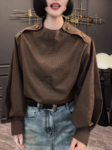 UYFY | Caramel Color Stand Collar Long Sleeve Check Shirt Loose Fit and Slimming