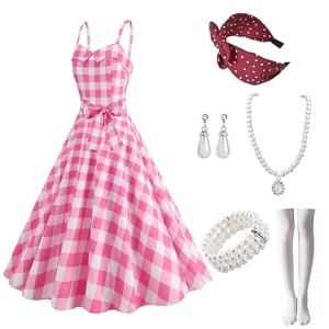 Summer New R 1950S Hepburn Style Polka Dot Dress with Bow Hair Band Pink Sling Tartan Skirt