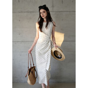 PIAOYA | Sleeveless Polka Dot Dress with Waistband Slit Stylish Summer Dress
