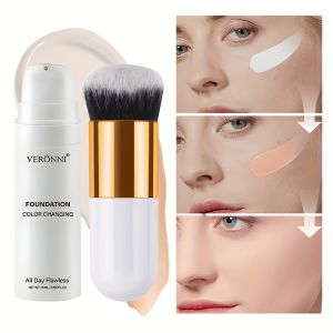 Color Changing Liquid Foundation with Brush 2pcs SetFull Coverage and Matte Flawless Finish Moisturizing BB CreamOil-control