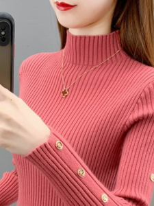 Womens Knitted Thickened Half-High Collar Sweater Base Shirt Autumn Winter New Style Inner Wear Button up Slim Fashionable Neck Pin