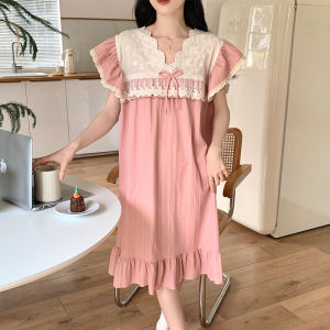 Sweet Style Womens Summer Sleep Dress with Chest Pad Half Sleeve Thin Home Clothes V-neck Pullover Polyester Fiber 100%