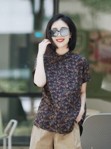 French Vintage Floral Print Short Sleeve Loose Womens Shirt Summer New Style Simple Single Button Design Sensation Top Trendy