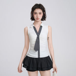 Áo Vest Không Dây Cổ Polo Màu Trắng Gợi Cảm Phong Cách Mỹ Dành Cho Nữ Mùa Hè Áo Khoác Ngoài Kiểu Thái Hoàn Hảo Áo Hai Mảnh Giả