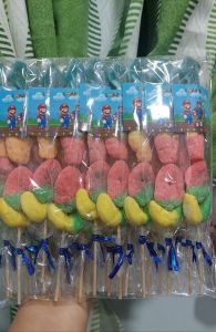 Gummy on Stick with Personalize Sticker Tag. Party Giveaways
