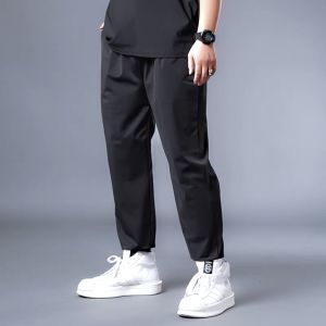 Ice Silk Mens Summer Loose Thin Casual Pants Quick Dry Comfortable plus Size Youth Fashion Nine Points Baggie Cuffed Trousers