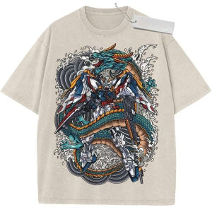 Bandai | Vintage Washed Anime Oversized T-Shirt White Gundam Dragon Graphic Streetwear Tee For Otaku Casual Daily Campus Home Wear
