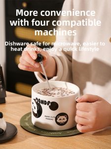 Cute Panda Large Capacity Breakfast Ceramic Mug with Lid Spoon Home Office Use Milk Oats Water Cup Office Home Breakfast Daily