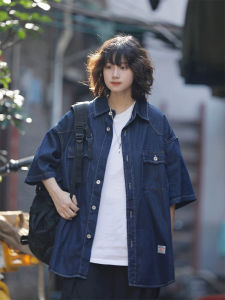 Retro Japanese Style Loose Womens Denim Half Sleeve Shirt Summer Casual Multi Pocket Couples College Style Outerwear