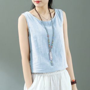 Summer Linen Sleeveless Sling Loose Tops Retro Cotton Linen Bottoming White Vest for Women Outwear