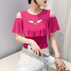 Yimei phong cách phương Tây cao cấp và sang trọng Ruffle cạnh ra khỏi vai hàng đầu mùa hè thời trang áo khiêu vũ khoét rỗng lưới áo thun tay ngắn cho phụ nữ