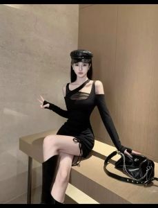 มินิเดรสสีดำ ชุดไปเที่ยวผับ เสื้อแขนยาว ดีเทลสายคล้องบ่าซับในซีทรู เสื้อใส่ไปร้านเหล้า กระโปรงแต่งเชือกรูด เซ็กซี่ #9107