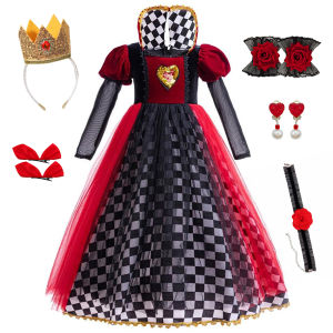Witch Role Play Princess Dress Kid Red Queen Cosplay Long Sleeves Halloween Birthday Party Frock Girls Plaid Performance Clothes