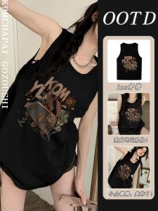 อเมริกัน หวาน และสไตล์เผ็ด แขนกุด เสื้อกั๊ก แบริ่งไหล่ 2024 ฤดูร้อน เทศกาลดนตรี หลวม สายคล้อง เสื้อยืด ผ้าฝ้าย วัสดุ