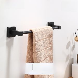Japanese Style Punch-Free Bathroom Black Wall-Mounted Towel Rack Alumimum Bathroom Minimalist Towel Hanging Rod Single and Double Poles