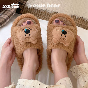 Dép Bông Thoải Mái Cho Nữ Mùa Thu Đông Hoạt Hình Gấu Dễ Thương Chống Trượt Ấm Áp Thoải Mái Đế PVC Dép Bông