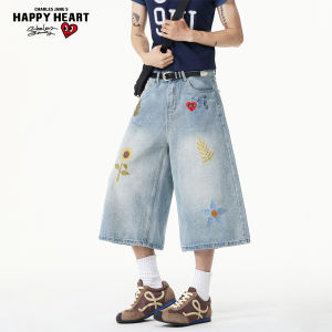 CHARLES JANGS HAPPY HEART | Peach Heart American Vintage Embroidered Floral Denim Shorts