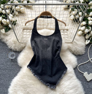 เซ็กซี่ หวาน เผ็ด เด็กผู้หญิง เดนิม เสื้อกั๊ก ผู้หญิง ฤดูร้อน รูปแบบใหม่ เอว คอ Cinched แขวน พลีท Gradual Color Irregular Top