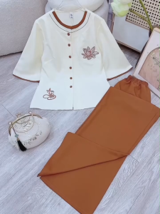 PHÁP PHỤC BỘ LAM THÊU HÌNH HOA SEN AN NHIÊN CHẤT KATE LỤA MỀM NHẸ THANH LỊCH TINH TẾ CHO PHÁI ĐẸP