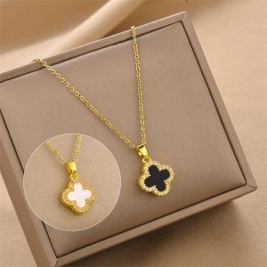 Golden Double-faced Black and White Diamond Four-leaf Flower Necklace