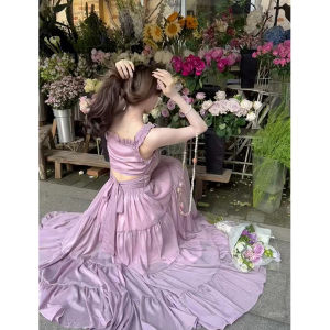 French Style Tea Break Purple Dress Women Summer Elegant Waist-Cinching Belted Long Skirt Single Piece No Brand Other Material