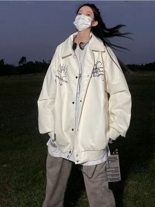 American High Street 2025 New Style Womens PU Leather Baseball Jacket Embroidered Motorcycle Coat Streetwear Hip Hop