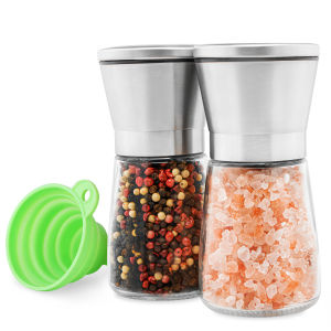 Stainless Steel Salt and Pepper Grinder Set - Short Glass Shaker Pepper Mill & Salt Mill with Adjustable Coarseness Refillable