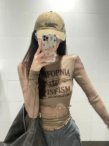 เสื้อยืดแขนยาวผ้าตาข่ายพิมพ์ลายเผ็ดร้อนสำหรับผู้หญิงในฤดูใบไม้ผลิ เสื้อชั้นในบางทรงเข้ารูป ผ้าไหมน้ำแข็ง ปกป้องจากแสงแดด สไตล์อเมริกัน เสื้อตัวบน