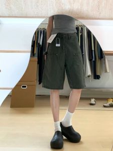 กางเกงยีนส์ทรงตรงเอวสูงสำหรับผู้หญิงไซส์ใหญ่ กางเกงขาสั้นทำงานสไตล์อเมริกันย้อนยุค กางเกงขายาวทรงตรง 5 นิ้ว ทรงหลวม ทรงหลวม