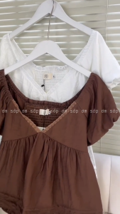 Trắng/ Nâu Tơ mềm mát Có lót Áo babydoll cổ tim viền ren thân xếp ly ngang tay ngắn bồng lưng bo chun sang xịn gợi cảm ZENNY TOP