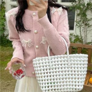 IELGY Korean style pearl button knitted jacket for women sweet style slim cardigan
