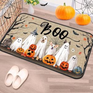 VIKAMA Halloween Welcome Doormat Ghost and Pumpkin Print Entryway Mat Durable and Non-Slip Porch and Entryway Rug Home Decor