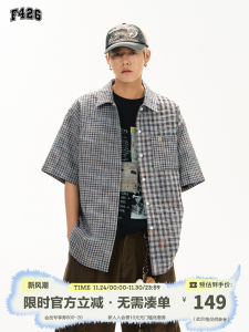 F426 Store Summer New Loose Casual Bubble Cloth Texture Plaid Splicing Shirt Young Mens Fashion Sharp Collar Short Sleeve